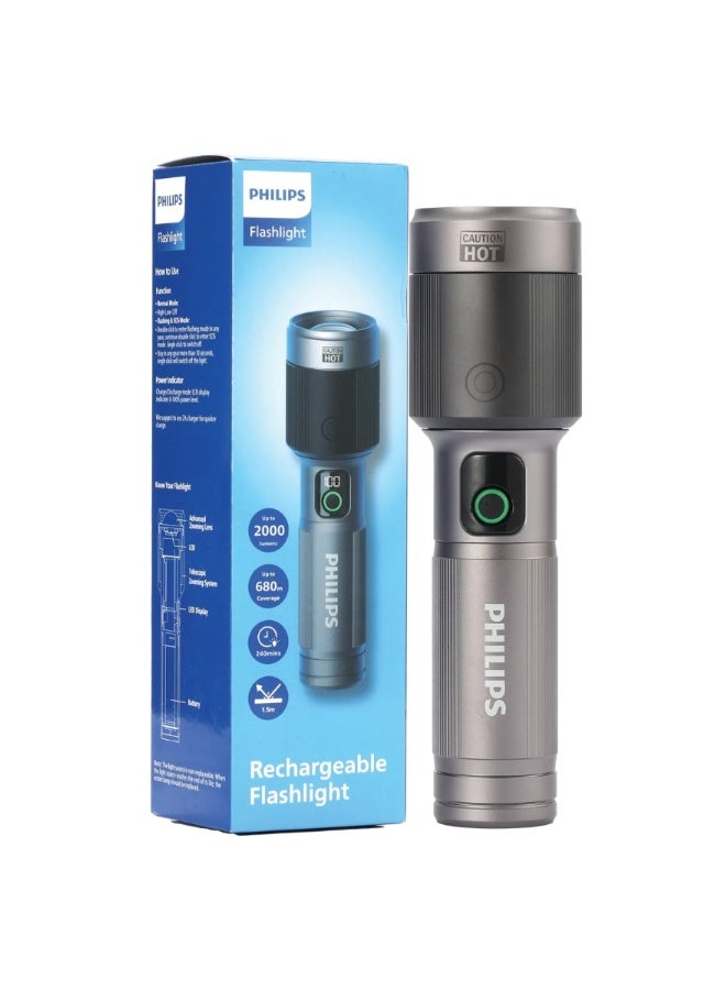 PHILIPS Rechargeable LED Flashlight Torch | 2000 Lumens High Brightness | Aircraft Aluminium Alloy Body | Zoom Adjustable Beam 680m Range | 4500mAh Battery | Model SFL5101/56 | 2 Year Warranty GREY - Image 1