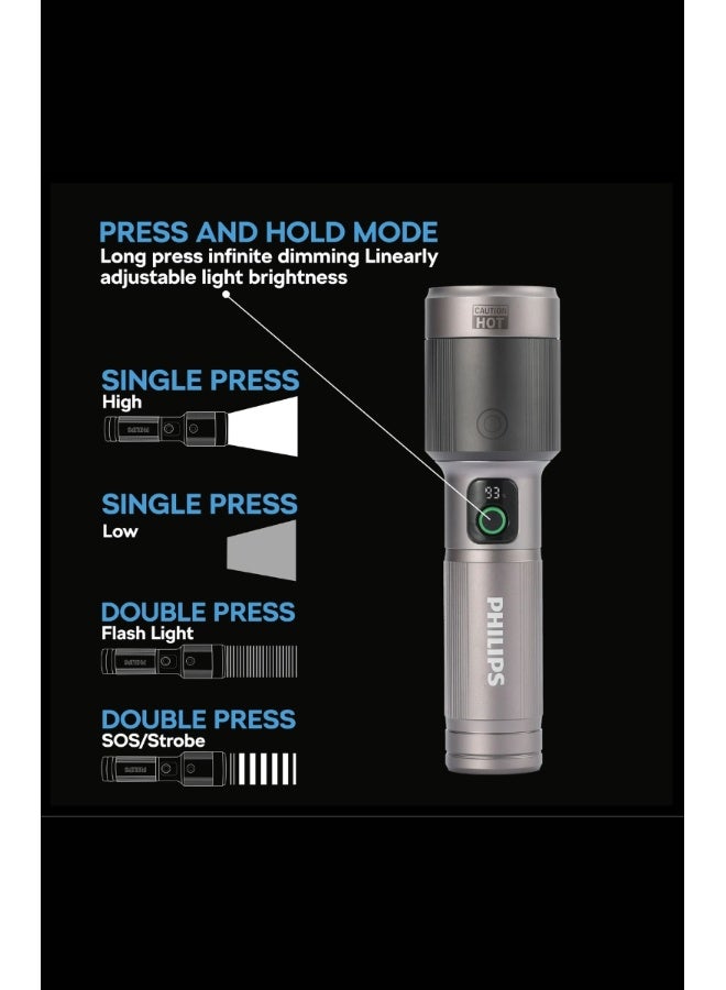 PHILIPS Rechargeable LED Flashlight Torch | 2000 Lumens High Brightness | Aircraft Aluminium Alloy Body | Zoom Adjustable Beam 680m Range | 4500mAh Battery | Model SFL5101/56 | 2 Year Warranty GREY - Image 4