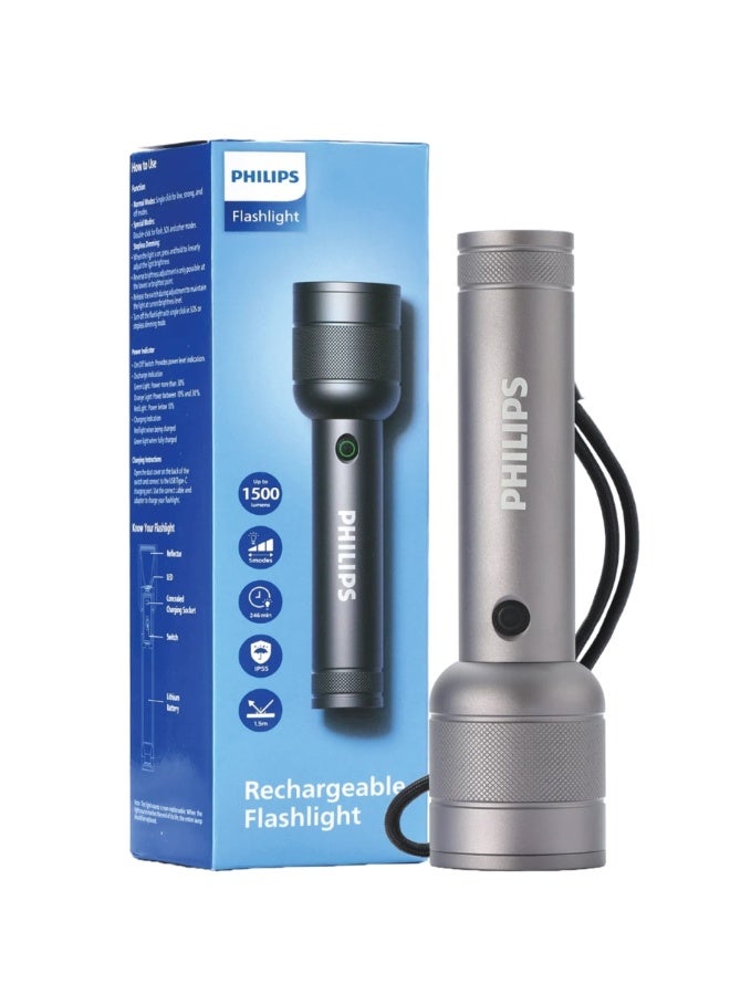 Philips Rechargeable LED Flashlight 1500 Lumens | 400m Long Range Torch | USB‑C Fast Charging | 3500mAh Battery | IP55 Waterproof | Stepless Dimming | Strobe & SOS Modes | Aluminum Alloy Tactical Torch SFL6166R grey - Image 1