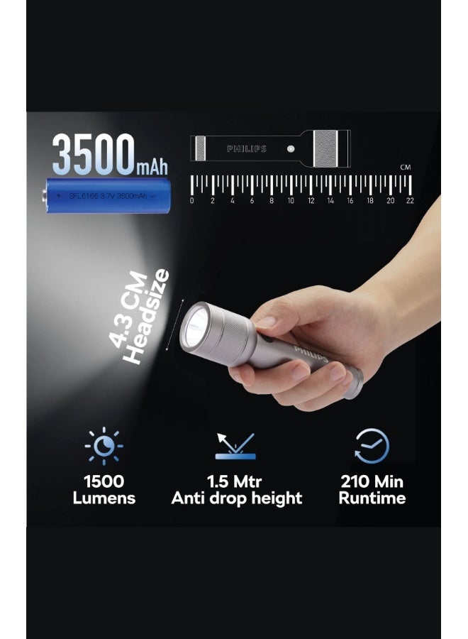Philips Rechargeable LED Flashlight 1500 Lumens | 400m Long Range Torch | USB‑C Fast Charging | 3500mAh Battery | IP55 Waterproof | Stepless Dimming | Strobe & SOS Modes | Aluminum Alloy Tactical Torch SFL6166R grey - Image 3