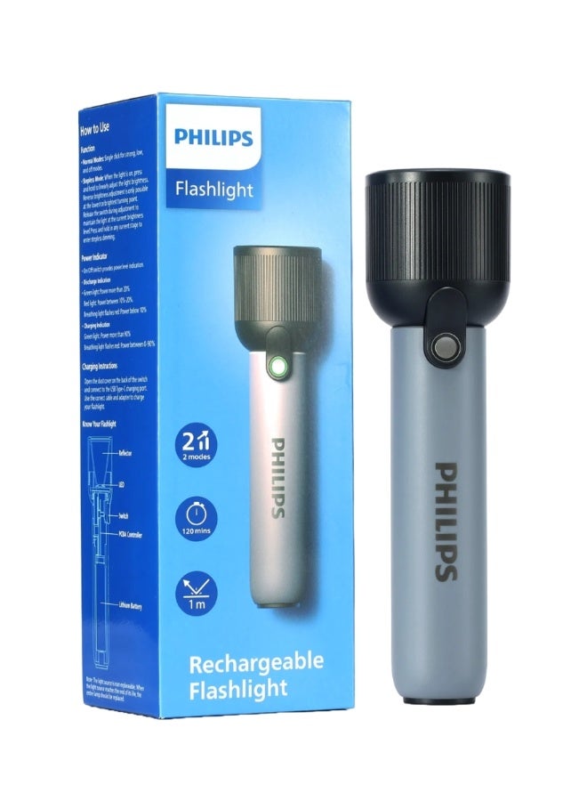 PHILIPS  Rechargeable LED Flashlight 400 Lumens | 150m Long Range Torch | USB‑C Charging | 2000mAh Battery | IP44 Waterproof | Stepless Dimming | Compact Portable Torch SFL1181/56 Grey - Image 1
