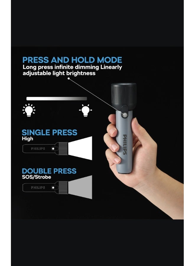 PHILIPS  Rechargeable LED Flashlight 400 Lumens | 150m Long Range Torch | USB‑C Charging | 2000mAh Battery | IP44 Waterproof | Stepless Dimming | Compact Portable Torch SFL1181/56 Grey - Image 3