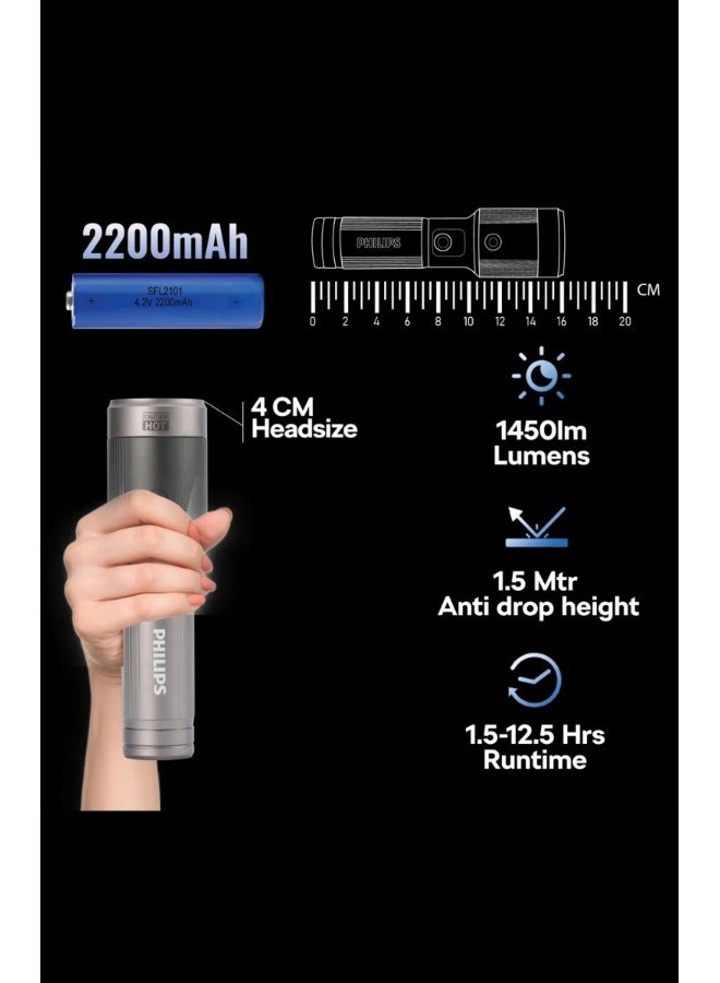 Philips Rechargeable LED Flashlight Torch | 1450 Lumens High Brightness | Aircraft Aluminium Alloy Body | Zoom Adjustable Beam 600m Range | 2200mAh Battery | Model SFL2101/56 | 2 Year Warranty GREY - Image 3