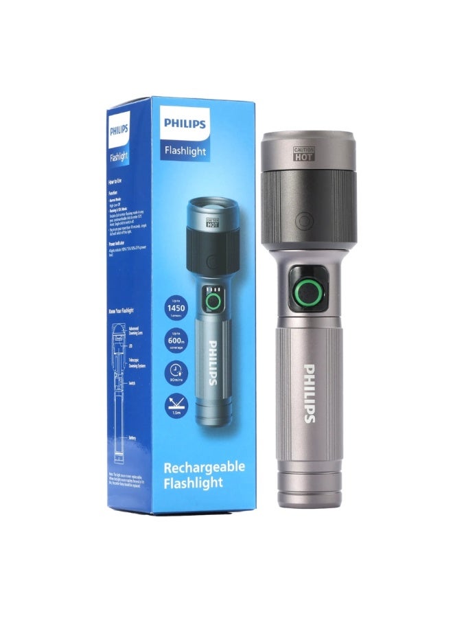 Philips Rechargeable LED Flashlight Torch | 1450 Lumens High Brightness | Aircraft Aluminium Alloy Body | Zoom Adjustable Beam 600m Range | 2200mAh Battery | Model SFL2101/56 | 2 Year Warranty GREY - Image 1