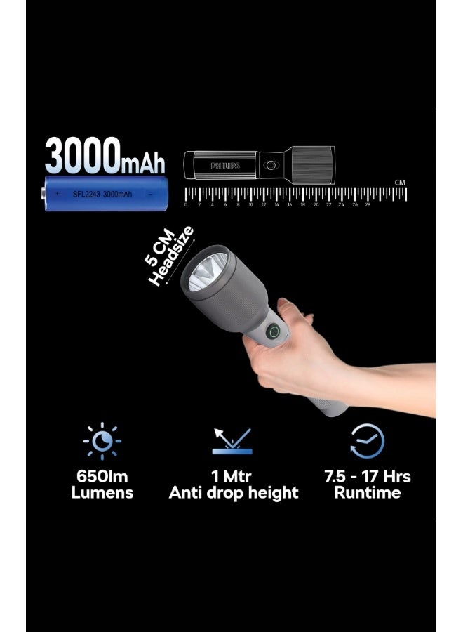 فيليبس فلاشلايت LED قابل لإعادة الشحن من فيليبس 650 لومن | مصباح بعيد المدى 450م | هيكل من الألمنيوم للطائرات | بطارية 3000 مللي أمبير | شحن USB | أوضاع وميض و SOS | SFL2243/56 - Image 3