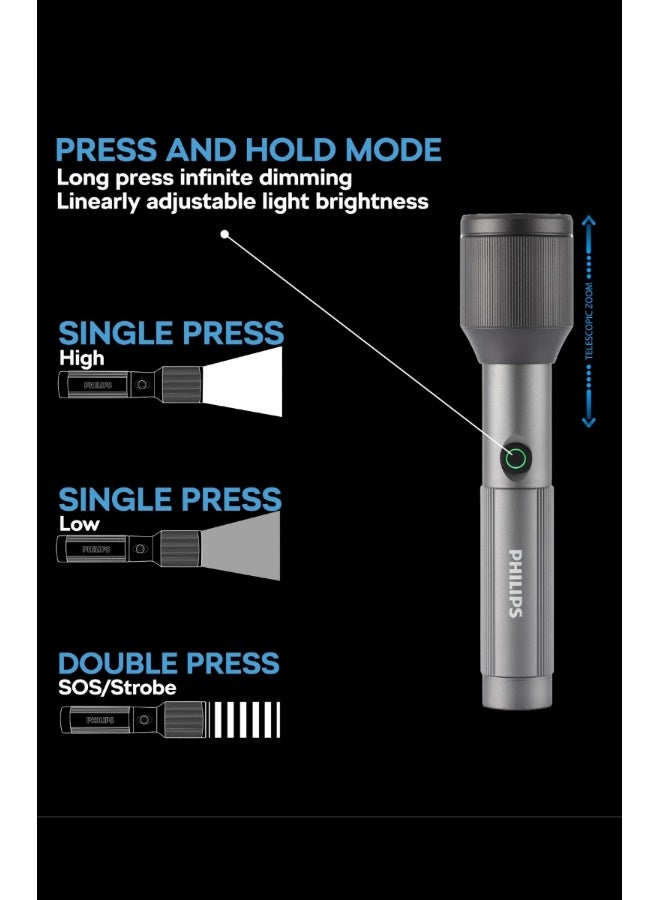 PHILIPS Rechargeable LED Flashlight 1000 Lumens | 900m Long Range Zoom Torch | Aircraft Aluminium Body | 2000mAh Battery | Strobe & SOS Modes | Pack of 3 SFL2142C3/56 grey 50*32*192mm - Image 5