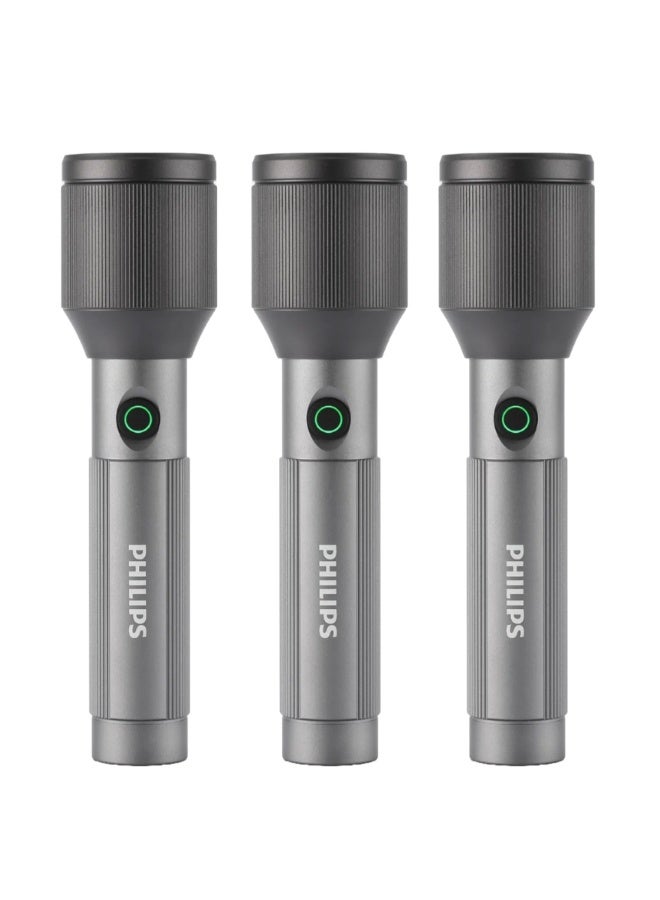 PHILIPS Rechargeable LED Flashlight 1000 Lumens | 900m Long Range Zoom Torch | Aircraft Aluminium Body | 2000mAh Battery | Strobe & SOS Modes | Pack of 3 SFL2142C3/56 grey 50*32*192mm - Image 2