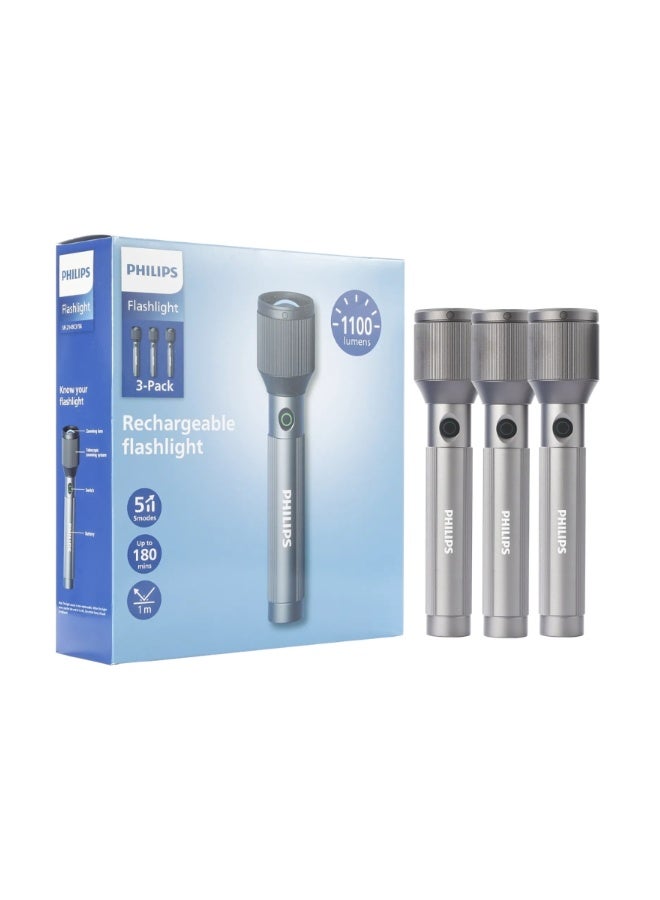 فيليبس PHILIPS Aircraft Aluminium Alloy 25cms Zoom LED Rechargeable Flashlight – 1100Lumens, 950m Range, 3000mAh SFL2143C3/56 ( PACK OF 3 ) grey 50*32*225mm - Image 1