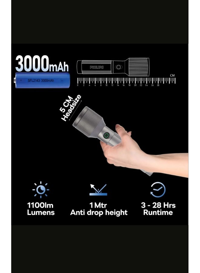 فيليبس PHILIPS Aircraft Aluminium Alloy 25cms Zoom LED Rechargeable Flashlight – 1100Lumens, 950m Range, 3000mAh SFL2143C3/56 ( PACK OF 3 ) grey 50*32*225mm - Image 4