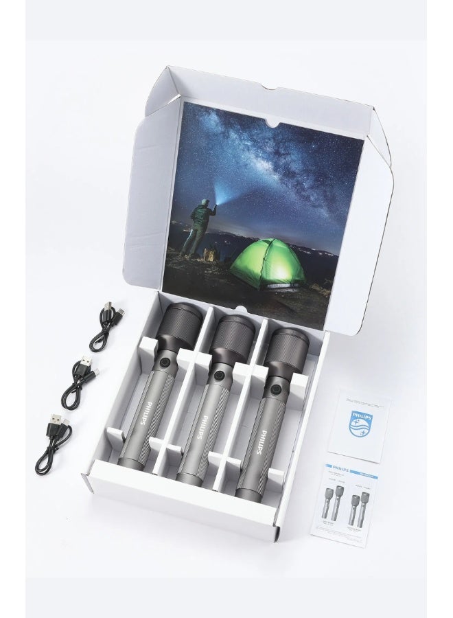 فيليبس PHILIPS Aircraft Aluminium Alloy 25cms Zoom LED Rechargeable Flashlight – 1100Lumens, 950m Range, 3000mAh SFL2143C3/56 ( PACK OF 3 ) grey 50*32*225mm - Image 3