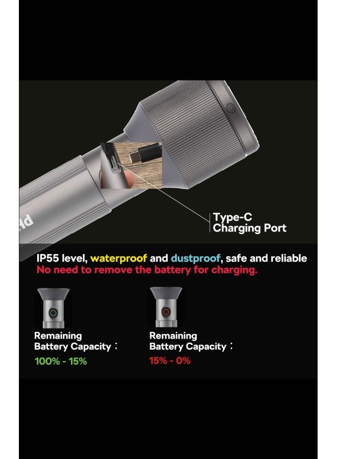 فيليبس PHILIPS Aircraft Aluminium Alloy 25cms Zoom LED Rechargeable Flashlight – 1100Lumens, 950m Range, 3000mAh SFL2143C3/56 ( PACK OF 3 ) grey 50*32*225mm - Image 5