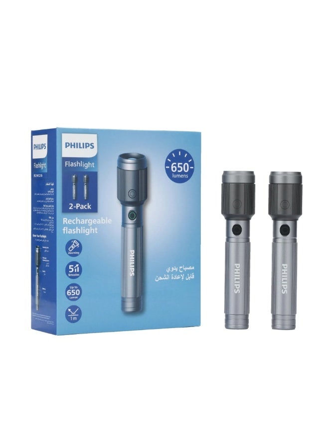 فيليبس فليبس مصباح يدوي قابل لإعادة الشحن من سبائك الألمنيوم للطائرات - عبوة من 2 - 650 لومن | 300م مدى بعيد | بطارية 1200 مللي أمبير | شحن USB | SOS ووميض | ضوء خارجي متين SFL2141C2/56 - Image 1