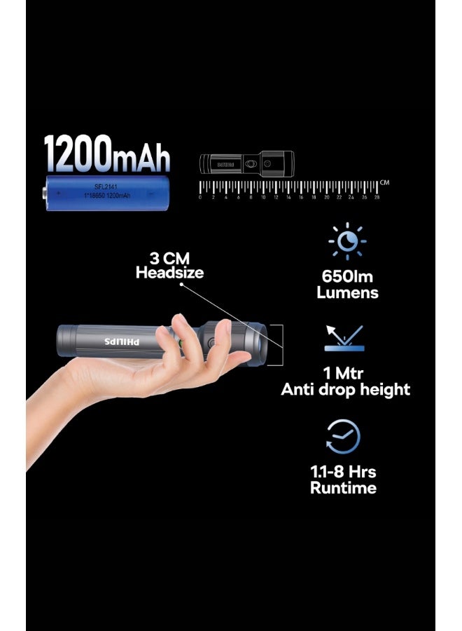 فيليبس فليبس مصباح يدوي قابل لإعادة الشحن من سبائك الألمنيوم للطائرات - عبوة من 2 - 650 لومن | 300م مدى بعيد | بطارية 1200 مللي أمبير | شحن USB | SOS ووميض | ضوء خارجي متين SFL2141C2/56 - Image 3