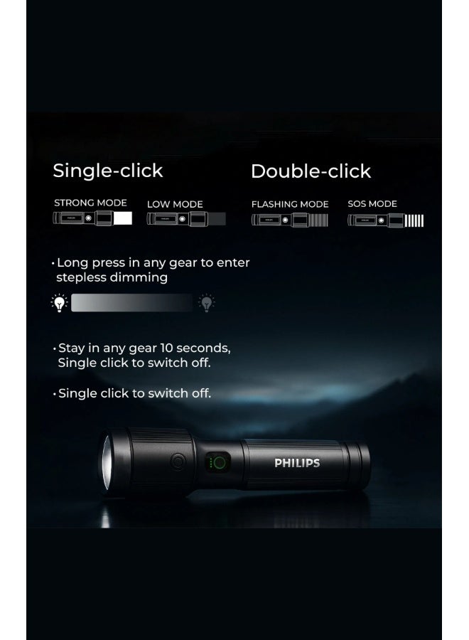 فيليبس فلاشلايت فليبس SFL5141 LED القابل لإعادة الشحن – 1450 لومن، مدى 690م، هيكل من سبائك الألمنيوم للطائرات، زوم تلسكوبي، بطارية 2200mAh، أوضاع متعددة، مقاوم للماء والسقوط - Image 4