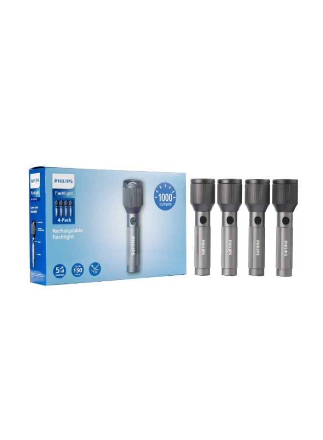 فيليبس عبوة من 4 مصابيح فلاش LED قابلة لإعادة الشحن من فيليبس SFL2142C5 – 1000 لومن، مدى 900م، وظيفة زوم، هيكل من سبائك الألمنيوم للطائرات، بطارية 2000 مللي أمبير، أوضاع متعددة، مقاومة للماء والسقوط، رمادي - Image 1