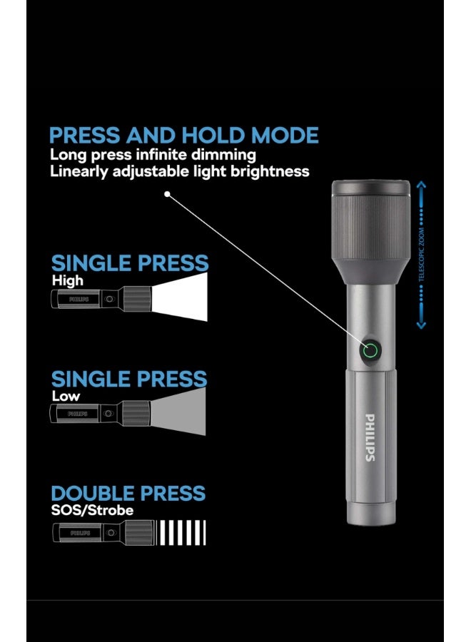 فيليبس عبوة من 4 مصابيح فلاش LED قابلة لإعادة الشحن من فيليبس SFL2142C5 – 1000 لومن، مدى 900م، وظيفة زوم، هيكل من سبائك الألمنيوم للطائرات، بطارية 2000 مللي أمبير، أوضاع متعددة، مقاومة للماء والسقوط، رمادي - Image 5