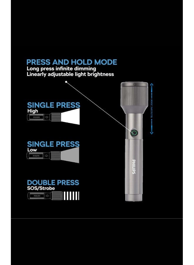 Philips Pack of 4 Philips SFL2143C5 LED Rechargeable Flashlight – 1100 Lumens, 950m Range, Zoom Function, Aircraft Aluminium Alloy Build, 3000mAh Battery, Stepless Dimming, Multiple Modes, Water & Drop Resistant, Grey grey - Image 5