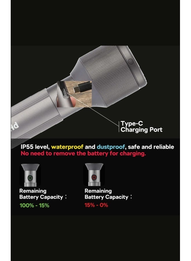 Philips Pack of 4 Philips SFL2143C5 LED Rechargeable Flashlight – 1100 Lumens, 950m Range, Zoom Function, Aircraft Aluminium Alloy Build, 3000mAh Battery, Stepless Dimming, Multiple Modes, Water & Drop Resistant, Grey grey - Image 4