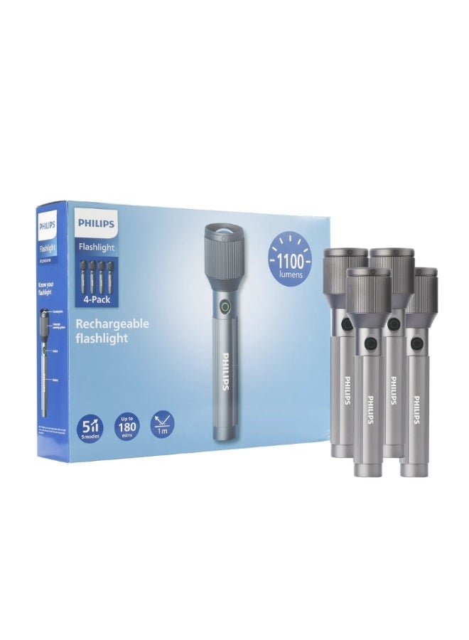 Philips Pack of 4 Philips SFL2143C5 LED Rechargeable Flashlight – 1100 Lumens, 950m Range, Zoom Function, Aircraft Aluminium Alloy Build, 3000mAh Battery, Stepless Dimming, Multiple Modes, Water & Drop Resistant, Grey grey - Image 1