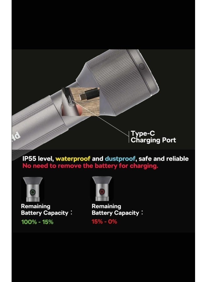 فيليبس عبوة من 2 مصباح يدوي LED قابل لإعادة الشحن | 650 لومن | شعاع طويل المدى 450م | بطارية 2000 مللي أمبير | شحن USB نوع-C | SOS ووميض | ضوء تكتيكي من الألمنيوم المتين SFL2242/56 - Image 3