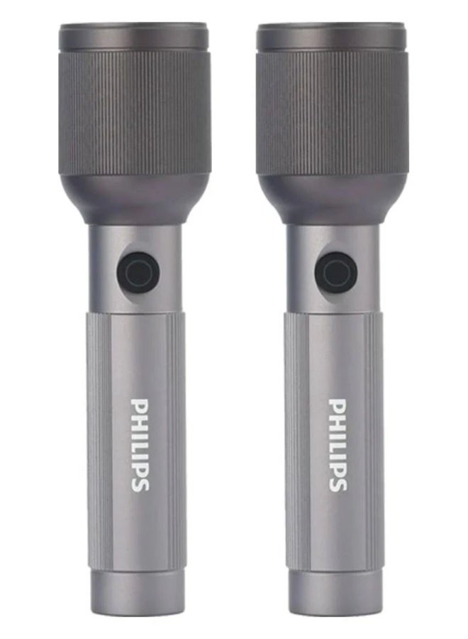 فيليبس عبوة من 2 مصباح يدوي LED قابل لإعادة الشحن | 650 لومن | شعاع طويل المدى 450م | بطارية 2000 مللي أمبير | شحن USB نوع-C | SOS ووميض | ضوء تكتيكي من الألمنيوم المتين SFL2242/56 - Image 1