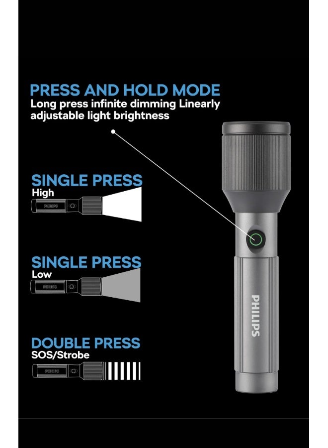 فيليبس عبوة من 2 مصباح يدوي LED قابل لإعادة الشحن | 650 لومن | شعاع طويل المدى 450م | بطارية 2000 مللي أمبير | شحن USB نوع-C | SOS ووميض | ضوء تكتيكي من الألمنيوم المتين SFL2242/56 - Image 4