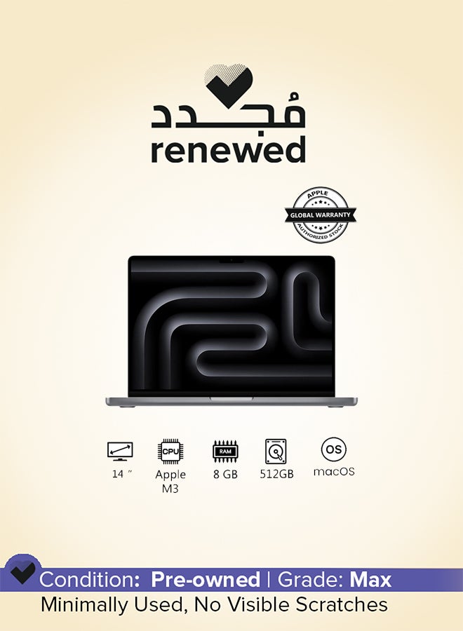ابل  مجدد - ماك بوك برو MTL73 | شاشة 14 بوصة | شريحة أبل M3 | معالج 8 نواة و GPU 10 نواة | 8 جيجابايت RAM | 512 جيجابايت SSD | macOS | لوحة مفاتيح إنجليزية وعربية | - Image 1