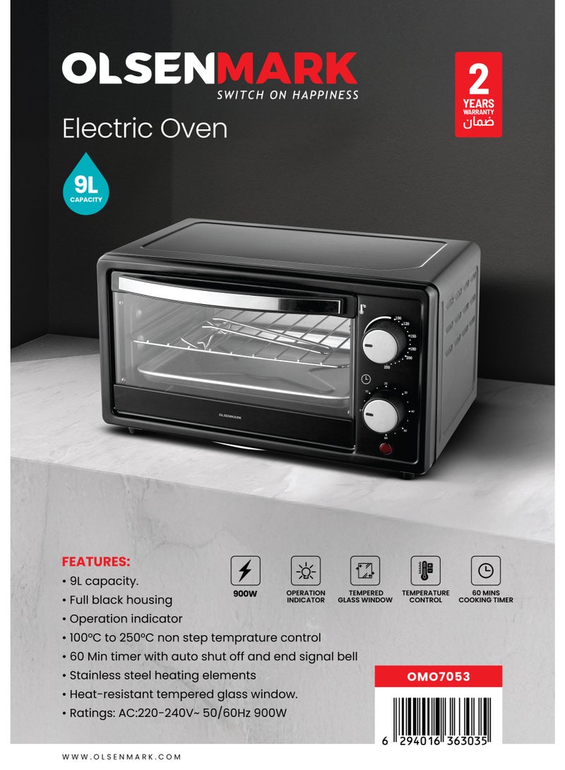 Olsenmark 9L Electric Oven – 900W, 100–250°C Temperature Control, 60-Minute Timer with Auto Shut-Off & End Bell, Glass Window, Full Black Design | Model OMO7053 9 L 900 W OMO7053 black - Image 5