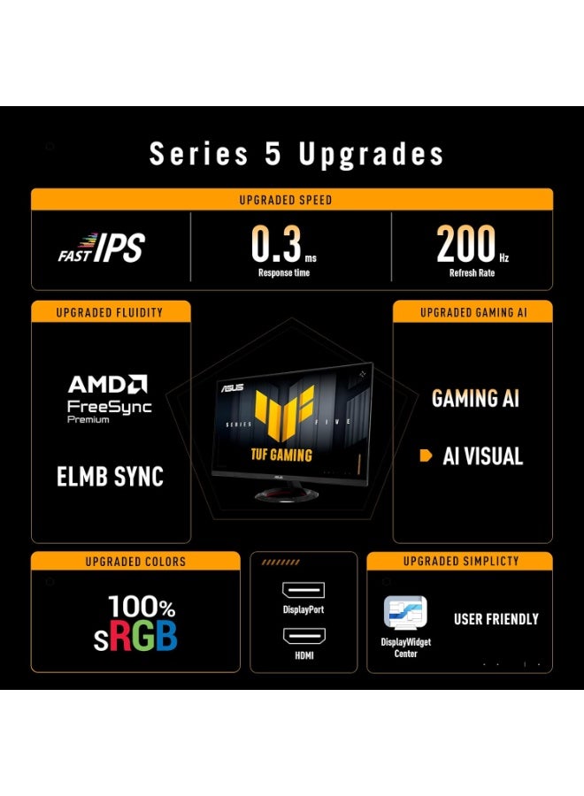 أسوس TUF Gaming Series 5 VG249Q5R Gaming Monitor: 23.8-inch, Full HD(1920x1080), 200Hz, Fast IPS, ELMB, 0.3ms GTG (min.), Stereo speaker, DisplayWidget Center, AI Visual - Black Black - Image 2
