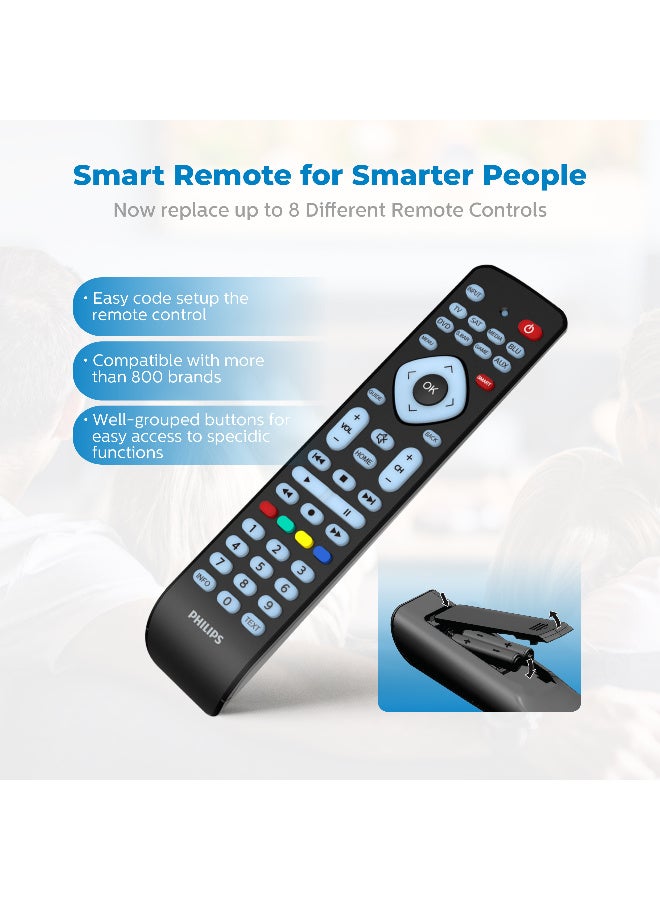 Philips 8-in-1 Universal Remote Control, Smart Learning Function, Compatible with 2000+ Brands, Ergonomic Design - Black - Image 3