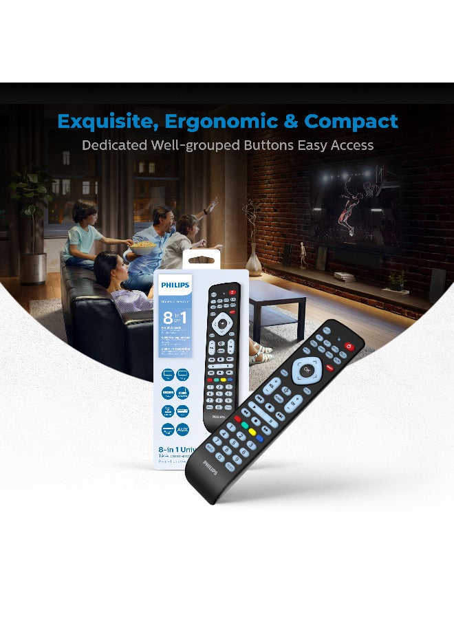 Philips 8-in-1 Universal Remote Control, Smart Learning Function, Compatible with 2000+ Brands, Ergonomic Design - Black - Image 4