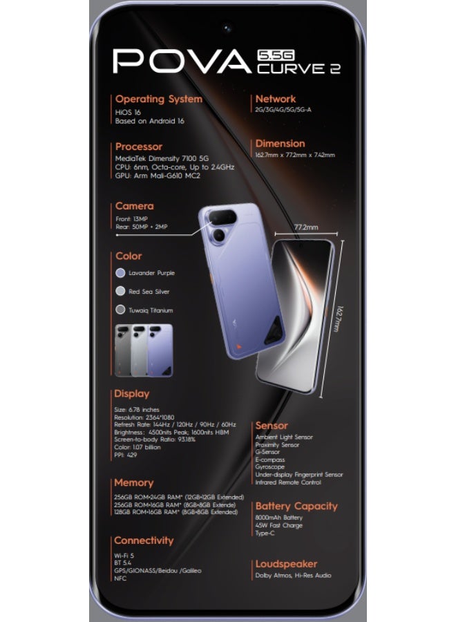 TECNO Pova Curve 2 5G 12GB RAM 256GB Mystic Purple - Global Version - Image 5