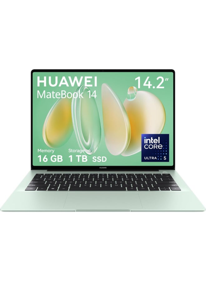 هواوي لابتوب ميت بوك 14 بشاشة OLED بحجم 14.2 بوصة بدقة 2.8K (2880x1920)، مع معالج كور ألترا 5-125H/ذاكرة RAM سعة 16GB DDR5/قرص SSD سعة 1TB/نظام ويندوز 11 هوم/رسوميات إنتل آرك - Image 1
