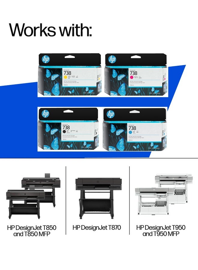 HP خزان حبر تصميم أصفر 738، T850 T950، 130 مل جودة طباعة استثنائية، تطبيقات متعددة، سعة قياسية مريحة، أصفر | 498N7A - Image 2
