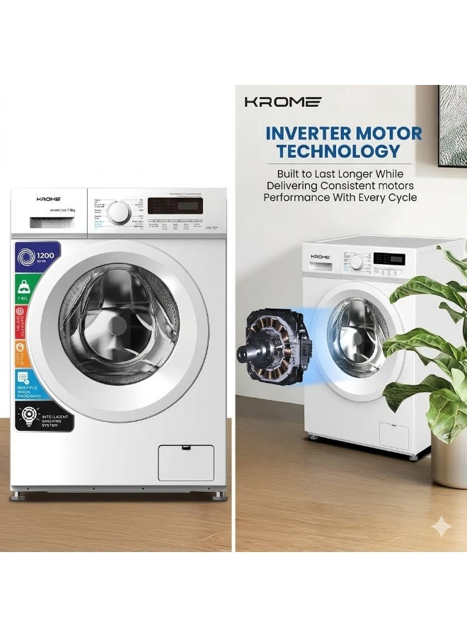كروم KROME 7 kg Front Load Washing Machine – BLDC Inverter Motor, 1200 RPM High Spin Speed, 12 Wash Programs, LED Display, (KR-WMFL712K / white) KR-WMFL712K white - Image 2