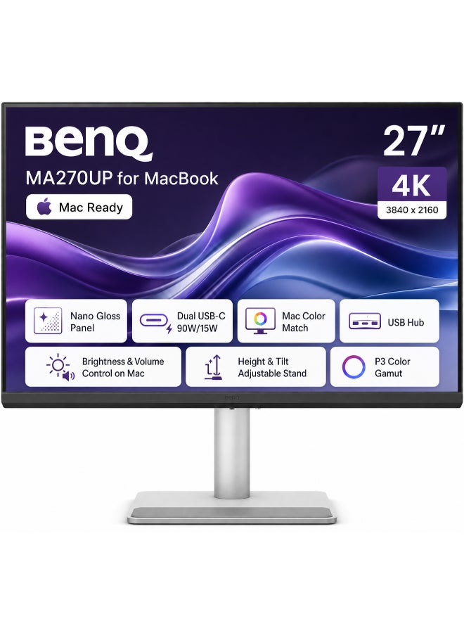 BenQ MA270UP 27” 4K 3840x2160 Nano Gloss Monitor for MacBook, Dual USB-C 90W/15W, Mac Color Match,USB Hub, Brightness & Volume Control on Mac,Height & Tilt Adjustable Stand,P3 Color Gamut silver - Image 1