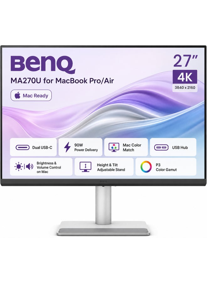 BenQ MA270U 27" 4K 3840x2160 Monitor for MacBook Pro/Air, Dual USB-C, 90W Power Delivery, Mac Color Match, USB Hub, Brightness & Volume Control on Mac, Height & Tilt Adjustable Stand, P3 Color Gamut silver - Image 1