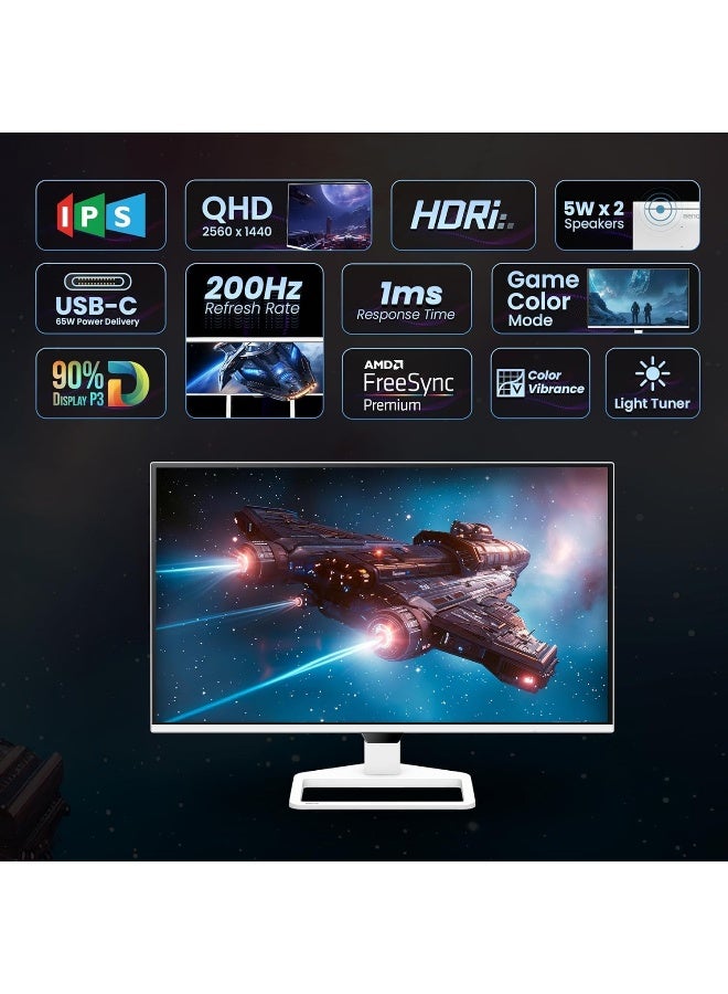 BenQ EW270Q 27" 2K QHD 200Hz IPS Gaming Monitor | USB-C (65W) | HDRi | 1200:1 Contrast | 90% P3 Gamut | 350 Nits | Built-in Speakers (5W x2) | AMD FreeSync Premium | HDMI | Game Color Mode white - Image 2