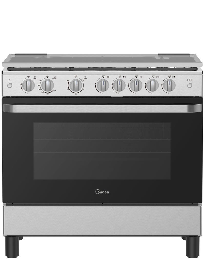 Midea Gas Cooker, 5 Burners, 90 cm, Stainless Steel Front with Silver Sides, Cast Iron Pan Support, XpressGrill Infrared Burner MFO-MG36LE(SS)-VT Silver and Black