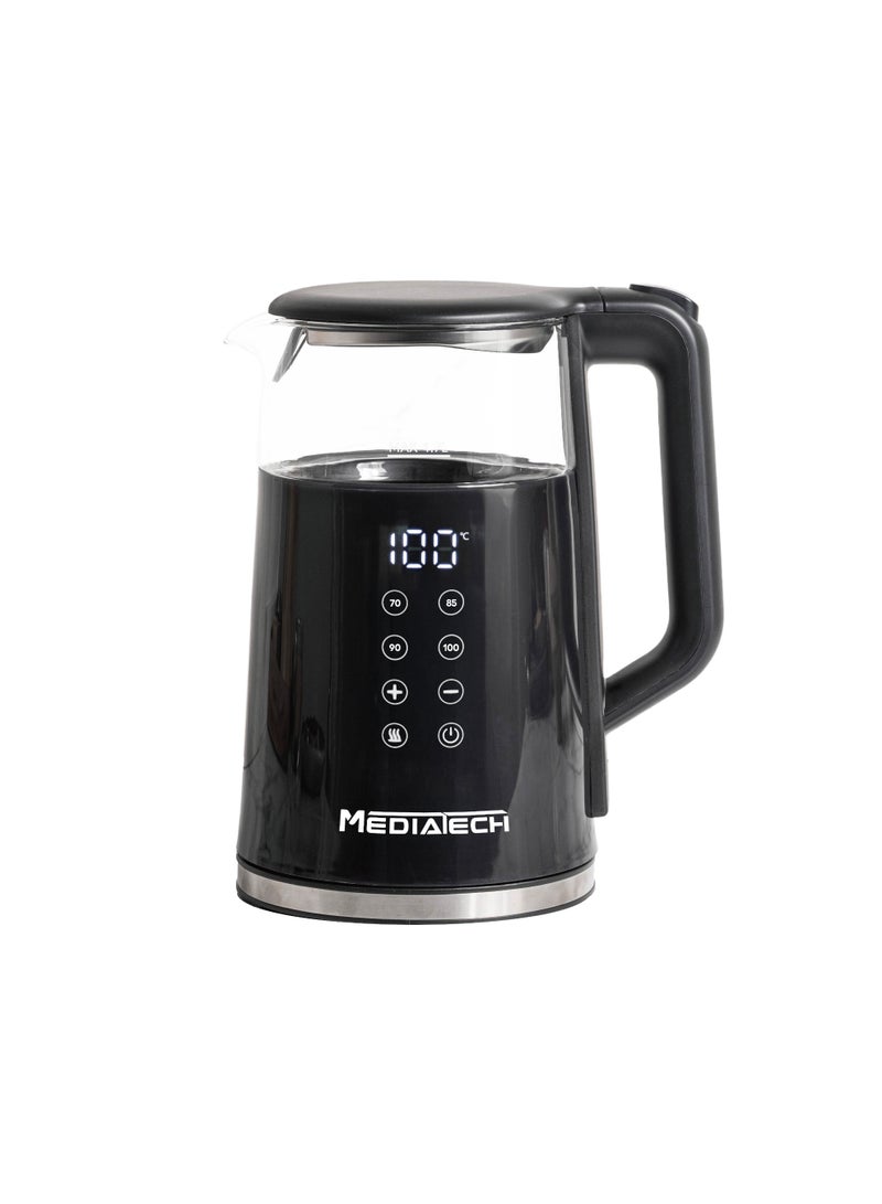 Mediatech Purex 1.7 L Digital  Smart  Glass Kettle – 2200 W | Automatic Lid Opening | Auto Shut-Off – Black (MT-KDP005) 1.7 L 2200 W MT-KDP005 Black - Image 1