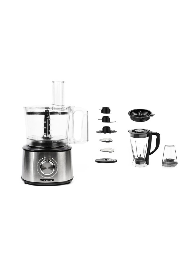 Mediatech "The Chef is a multi-function food processor with turbo power, 1200W ,  2.1L bowl, 1.5L blender for fast, easy prep. It includes an S-blade, slicing, shredding and grating discs, grinder, citrus juicer cup, kneading blade, whipping disc, and a safety-lock lid.- MT-FP999" 1.5 L 1200 W MT-FP999 - Image 1