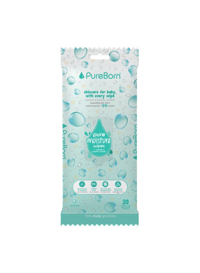 PureBorn Pure Moisture Water wipes with Prebiotic And Probiotic Complex 20 Wipes - Image 1
