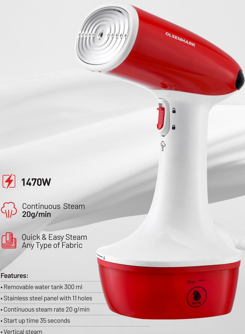 Olsenmark OMGS1858 Handheld Garment Steamer 1470W, 300ml Water Tank, continuous Steam 20g per minutes, Leak Free, Overheat Protection, Portable, Lightweight Steamer for All Kind of Fabrics 300 ml 1470 W OMGS1858 White - Image 1