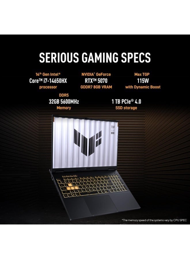 أسوس لابتوب TUF Gaming F16، NVIDIA RTX 5070 GDDR7، معالج Intel 14th Core i7-14650HX، شاشة 16" FHD+ 165Hz مضادة للتوهج، لوحة مفاتيح مضاءة RGB، 32 جيجابايت DDR5، 2 تيرابايت SSD جيل 4، ويندوز 11 برو (FX608JPR - WH74) - Image 2