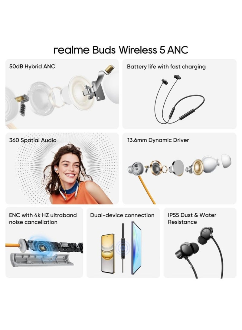realme Buds Wireless 5 ANC Neckband Headphones - 50dB Noise Cancelling, 38H Playback, IP55 Waterproof, Bluetooth 5.4 black - Image 2