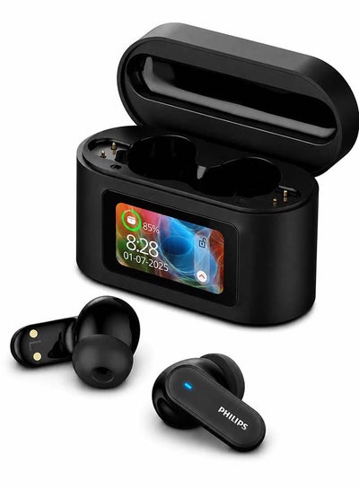Philips Wireless Earbuds with Smart Touchscreen Case, ANC Bluetooth 5.4 Noise Cancelling TWS Earbuds, 4 Mic Calls, 28H Battery, Deep Bass, IPX5 Waterproof – Philips Black Black
