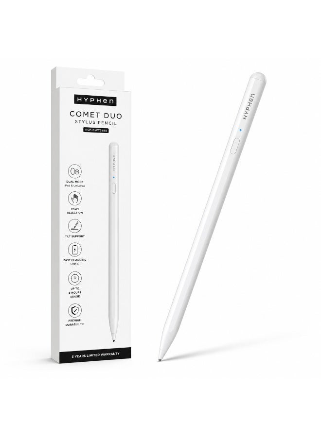 HYPHEN Comet Duo Stylus Pencil for iPad & Android, Dual Mode Universal Stylus Pen with Palm Rejection, Tilt Support, Fast Charging USB-C, Precision Drawing & Note Taking Stylus White - Image 3