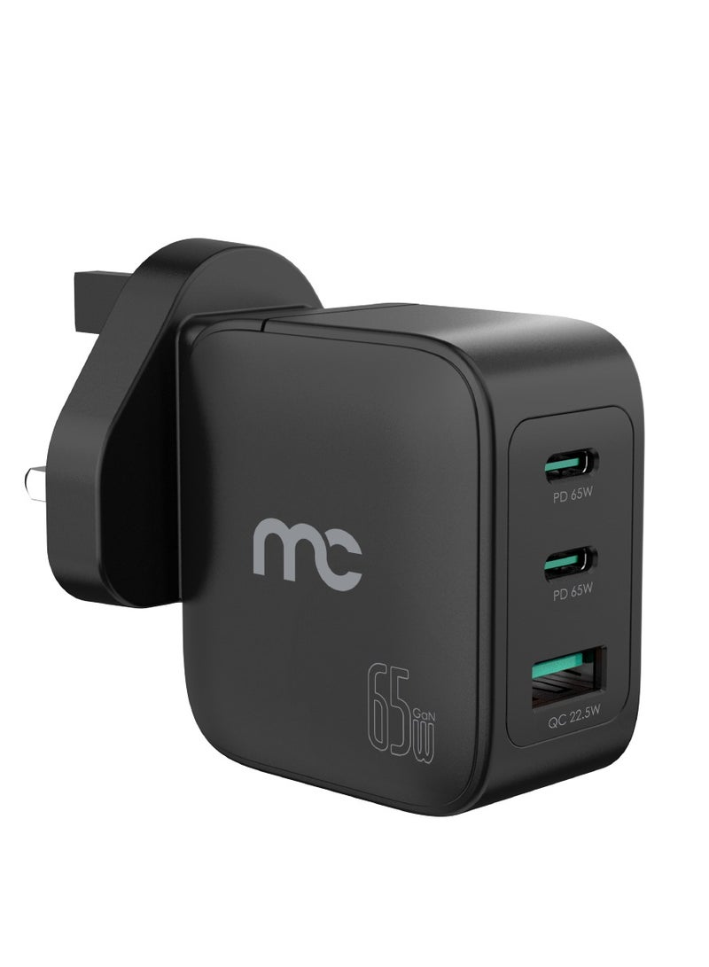 MYCANDY GTC-D165 GaN Travel Charger – 65W 3-Port (Black) lightweight design make it an ideal travel companion for smartphones, tablets, and laptops. Black - Image 1