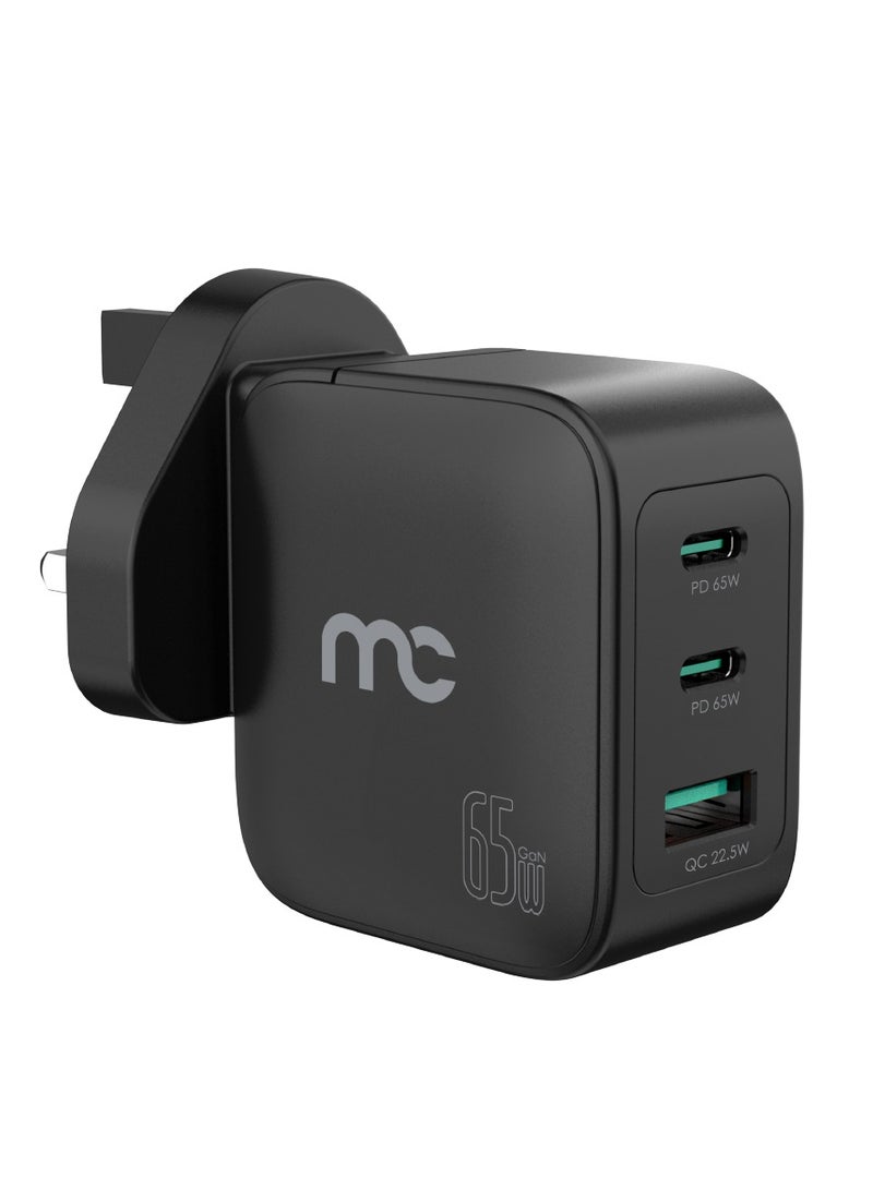 MYCANDY GTC-D165 GaN Travel Charger – 65W 3-Port (Black) lightweight design make it an ideal travel companion for smartphones, tablets, and laptops. Black - Image 2