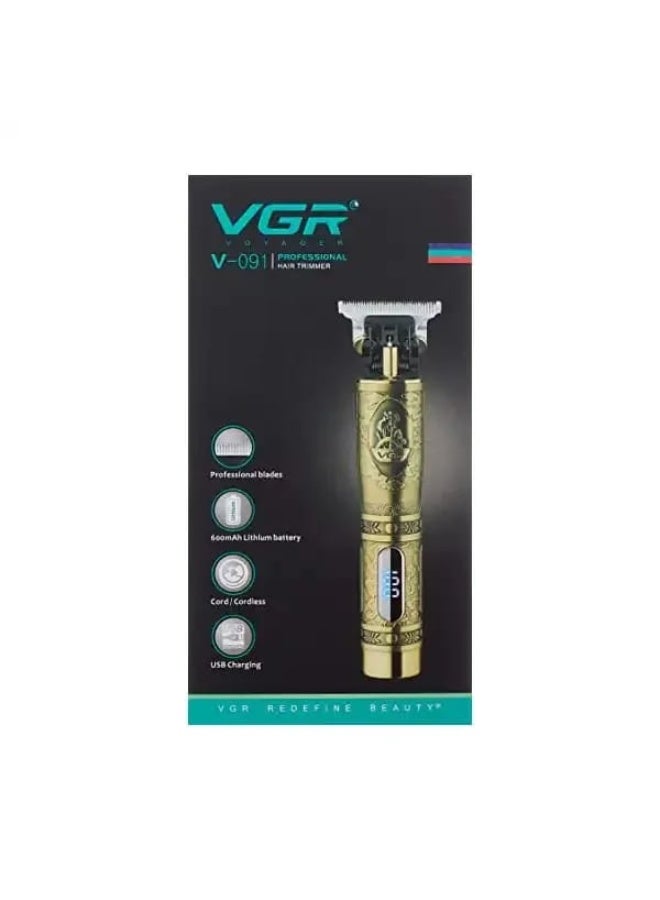 VGR V-091 Professional Cordless Hair Trimmer with LED Display | Vintage Metal T-Blade Clipper for Men Antique Gold